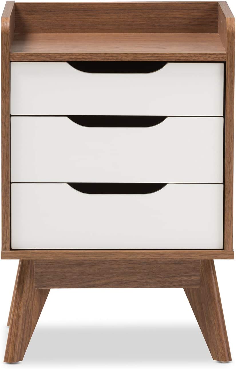 Baxton Studio Brighton Mid-Century Modern White and Walnut Wood 3-Drawer Storage Nightstand