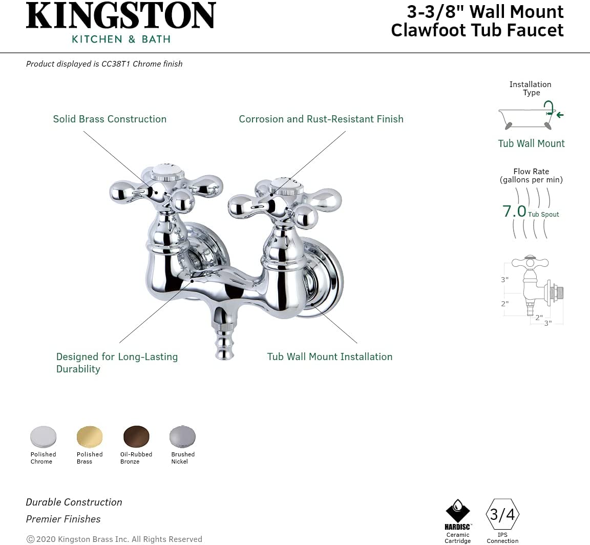 Kingston Brass CC37T8 Vintage Leg Tub Filler, Satin Nickel,3-3/8-Inch Center