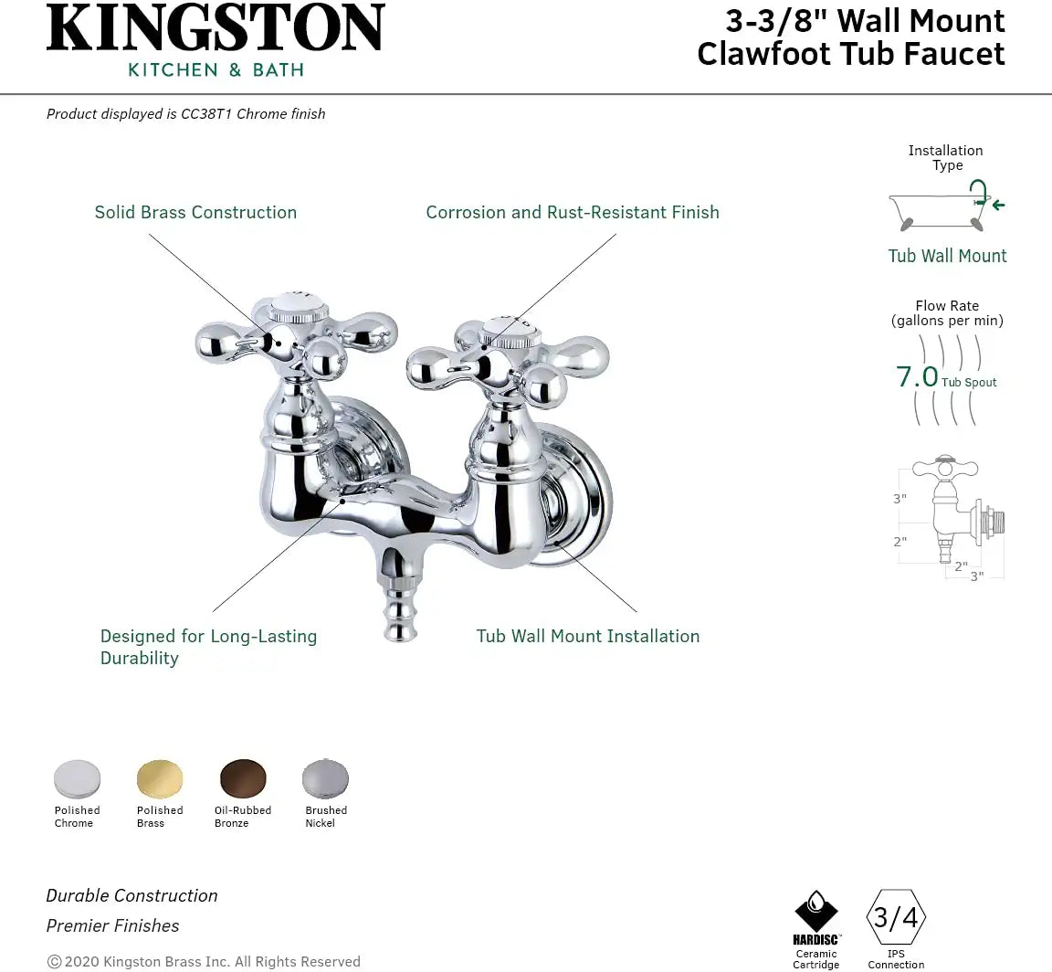 Kingston Brass CC38T1 Vintage Leg Tub Filler, Metal Cross Handle, Polished Chrome,3-3/8-Inch Center