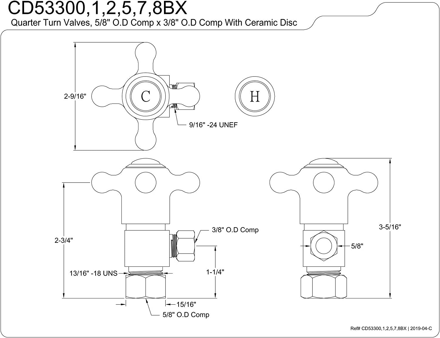 Kingston Brass CD53307BX 5/8&#34;O.D x 3/8&#34; O.D Anti-Seize Quarter Turn Angle Stop, Brushed Brass