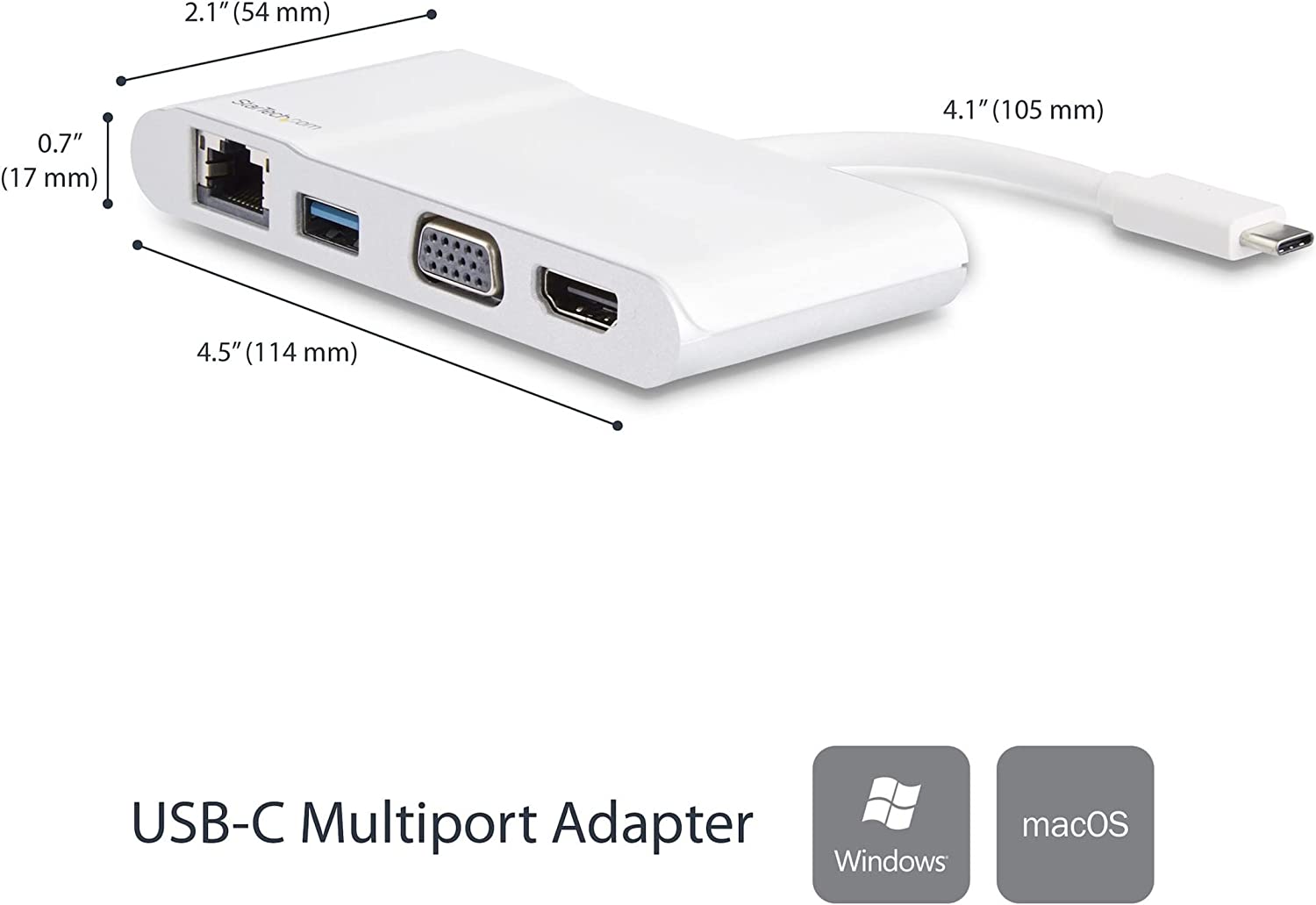 StarTech.com USB-C Multiport Adapter - Travel Dock with 4K HDMI or 1080p VGA - Gigabit Ethernet, 5Gbps USB-A 3.0 - Digital AV Adapter - USB Type-C/Thunderbolt 3 Laptops - White (DKT30CHVW)