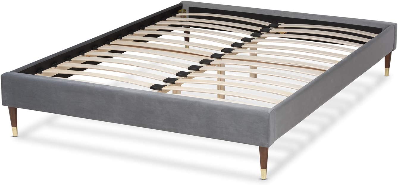 Baxton Studio Volden Glam and Luxe Charcoal Velvet Fabric Upholstered Full Size Wood Platform Bed Frame with Gold-Tone Leg Tips