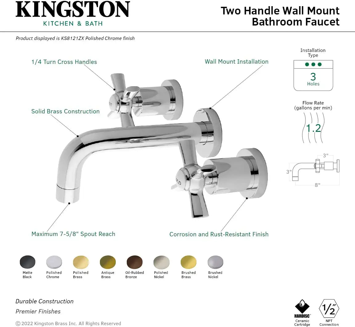 Kingston Brass KS8123ZX Millennium 2-Handle Wall Mount Bathroom Faucet, Antique Brass