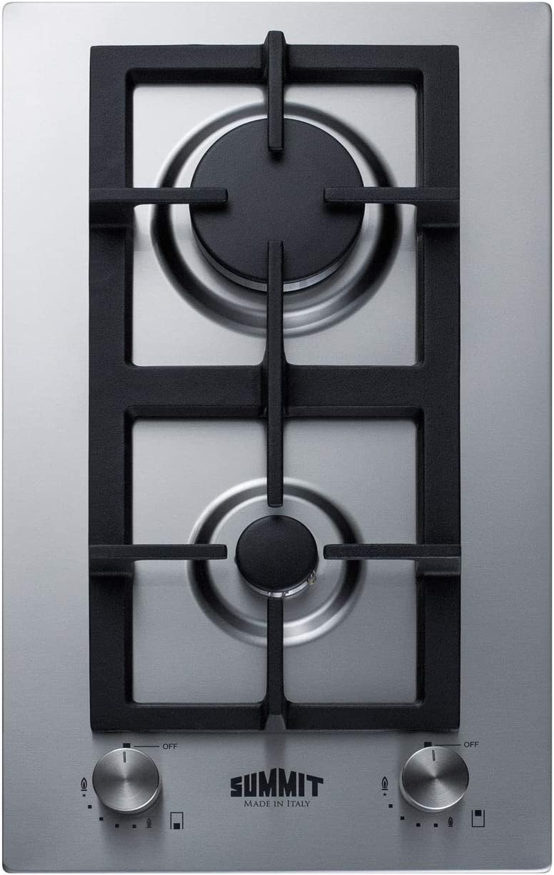 Summit GCJ2SS 12&#34; Stainless Steel Gas Cooktop with 2 Sealed Burners Designer Knobs Cast Iron Grates Wok Ring