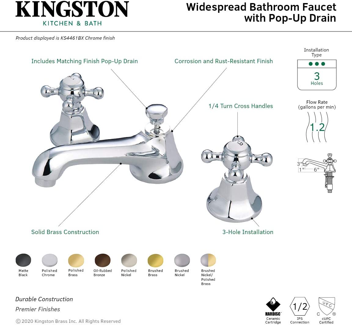 Kingston Brass KS4461BX Metropolitan Widespread Lavatory Faucet with Metal Cross Handle, Polished Chrome