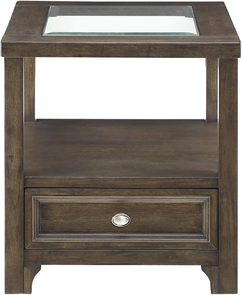 Saben 22 in. Charcoal Brown Rectangular Glass Top End Table with Drawer