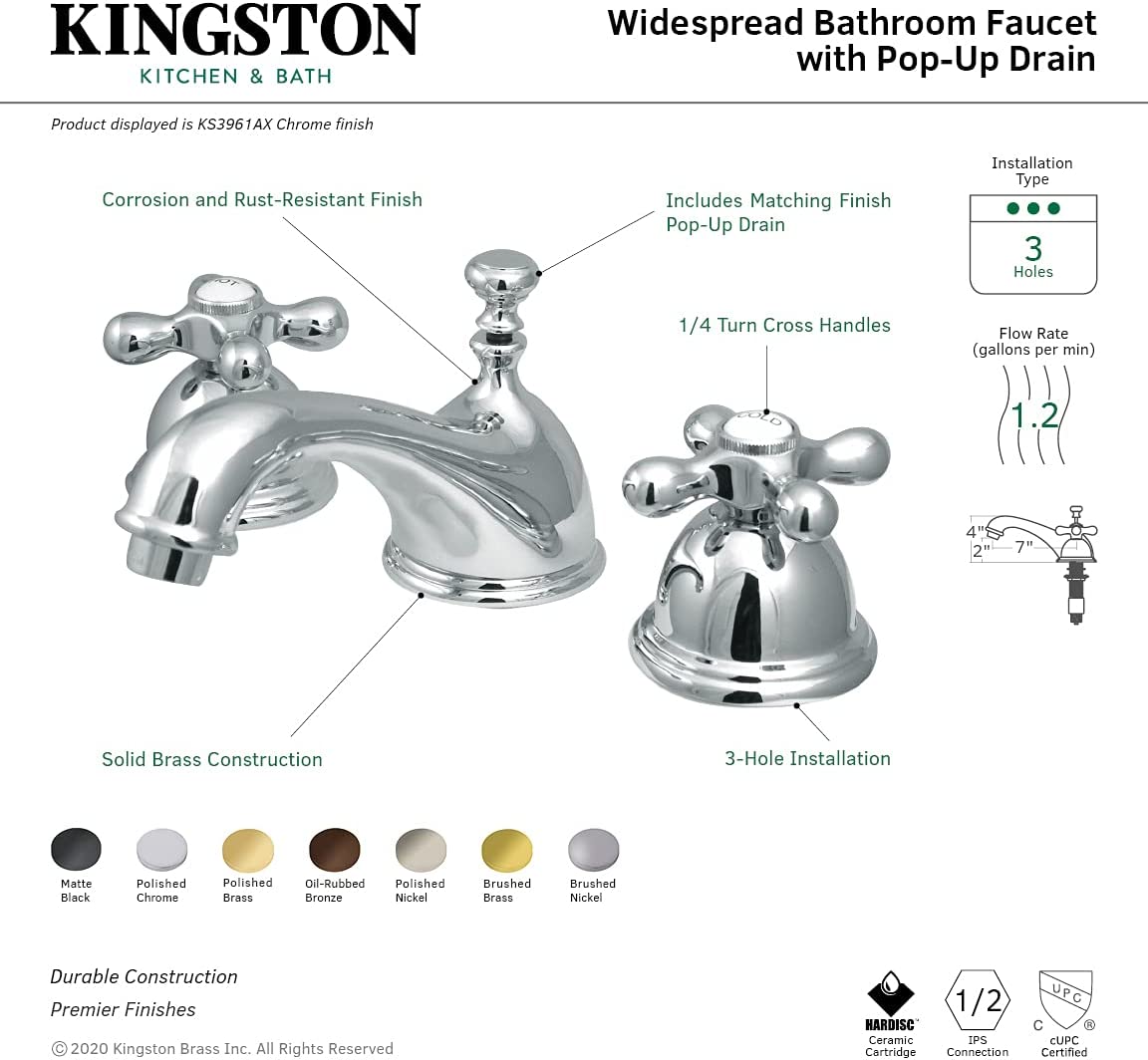 Kingston Brass KS3968AX Restoration Widespread Lavatory Faucet with Metal Cross Handle, Brushed Nickel,8-Inch Adjustable Center