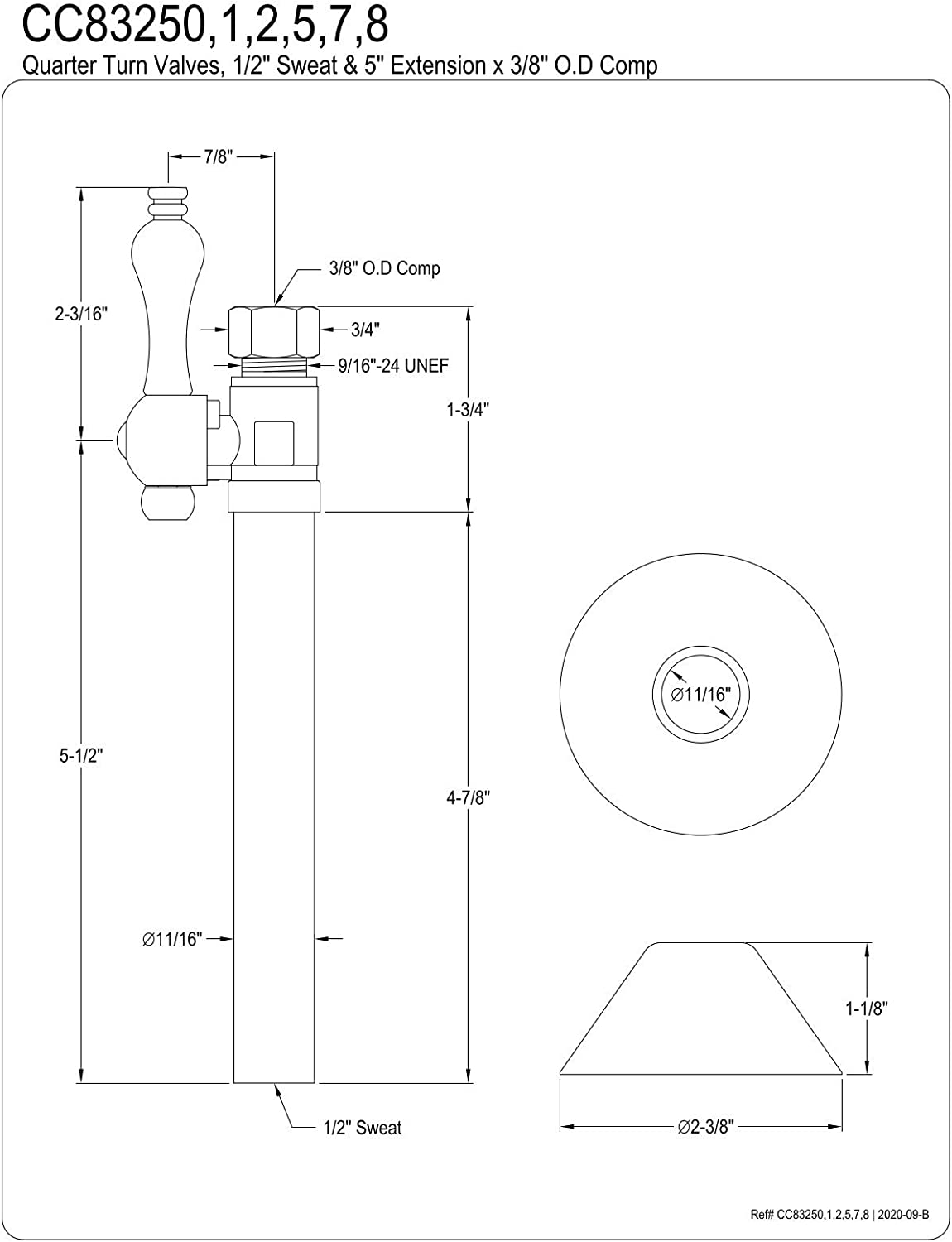 Kingston Brass CC83250 Vintage 1/2-Inch Sweat x 3/8-Inch OD Comp Quarter-Turn Straight Stop Valve with 5-Inch Extension, Matte Black