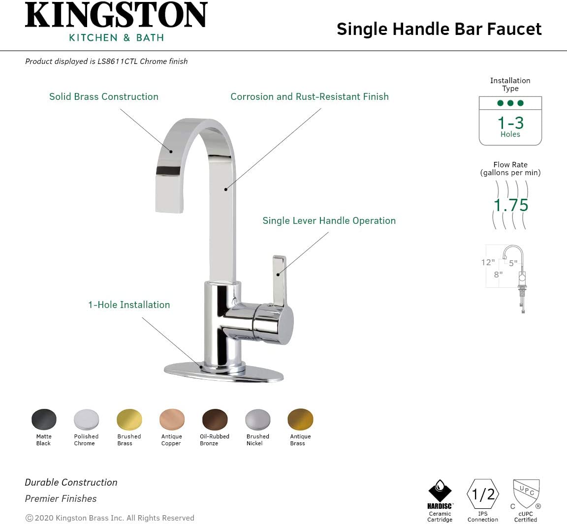 Kingston Brass LS8611CTL Continental Bar Faucet, Polished Chrome