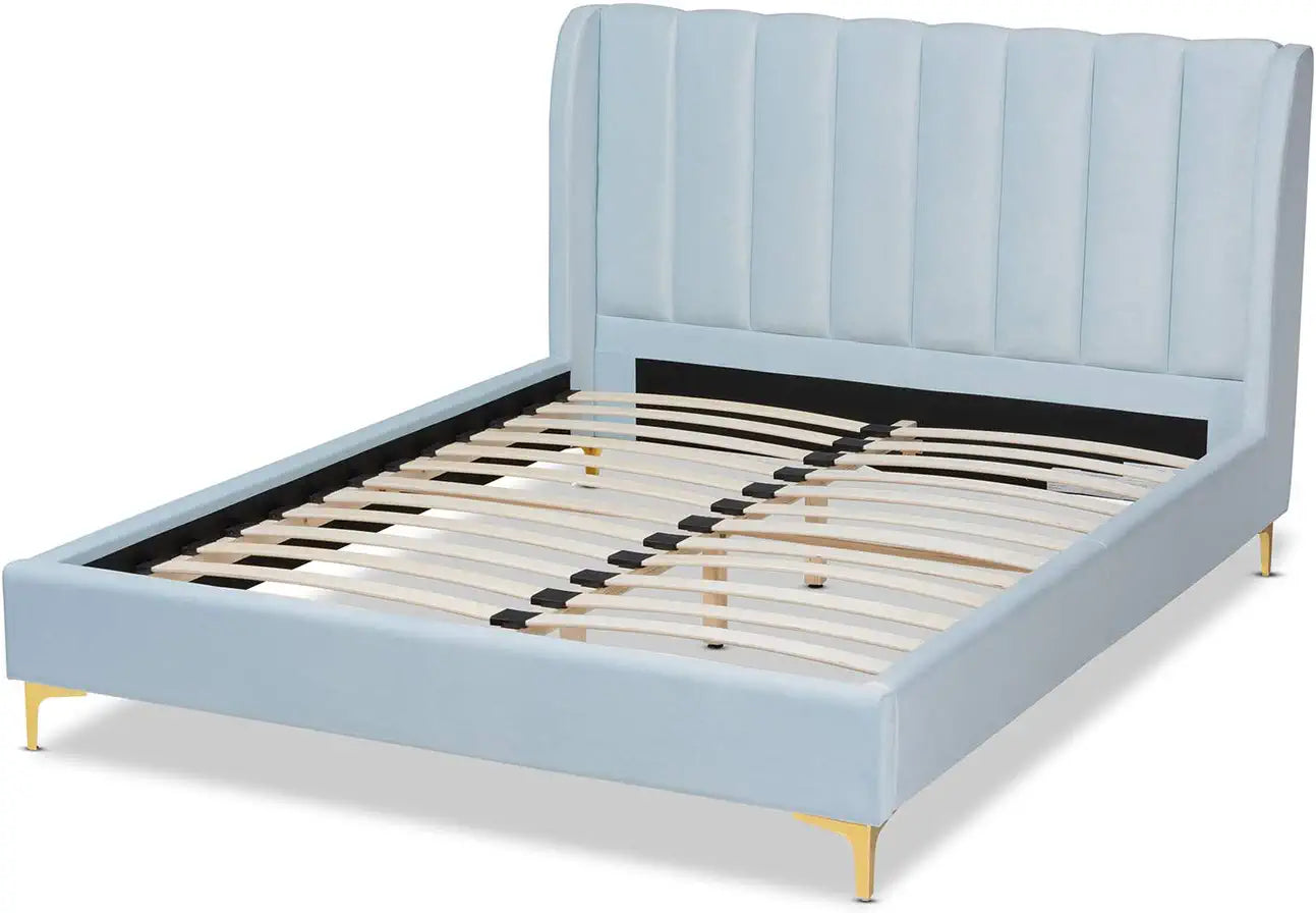 Baxton Studio Saverio Glam and Luxe Light Blue Velvet Fabric Upholstered Queen Size Platform Bed with Gold-Tone Legs