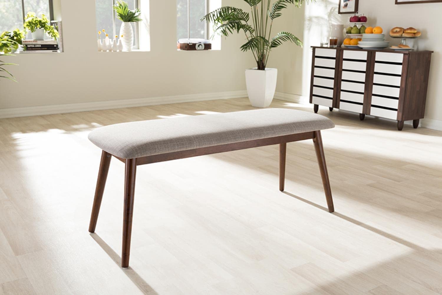 Baxton Studio Flora Mid-Century Modern Light Grey Fabric and OakMedium Brown Finishing Wood Dining Bench