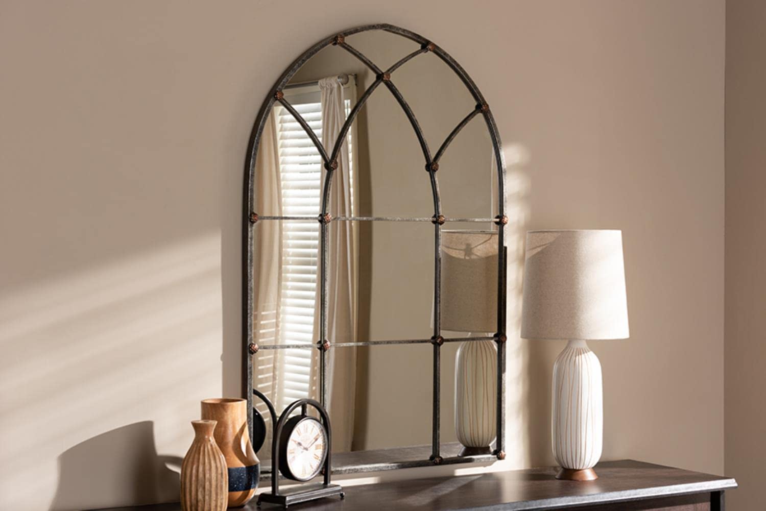 Baxton Studio Tova Vintage Farmhouse Antique Silver Finished Arched Window Accent Wall Mirror