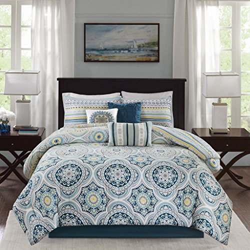 Madison Park Mercia Cozy Comforter Set , All Season Down Alternative Casual Bedding with Matching Shams, Decorative Pillows, Queen(90"x90"), Teal 7 Piece