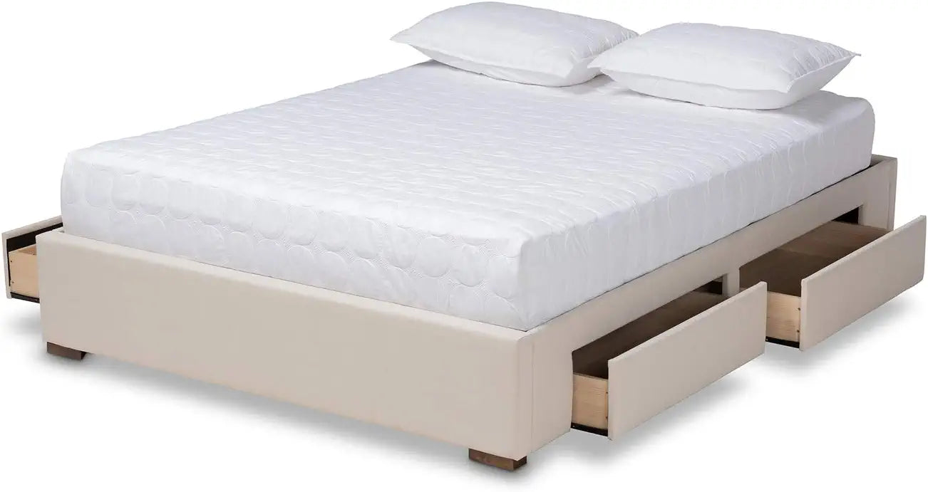 Baxton Studio Leni Modern and Contemporary Beige Fabric Upholstered 4-Drawer King Size Platform Storage Bed Frame