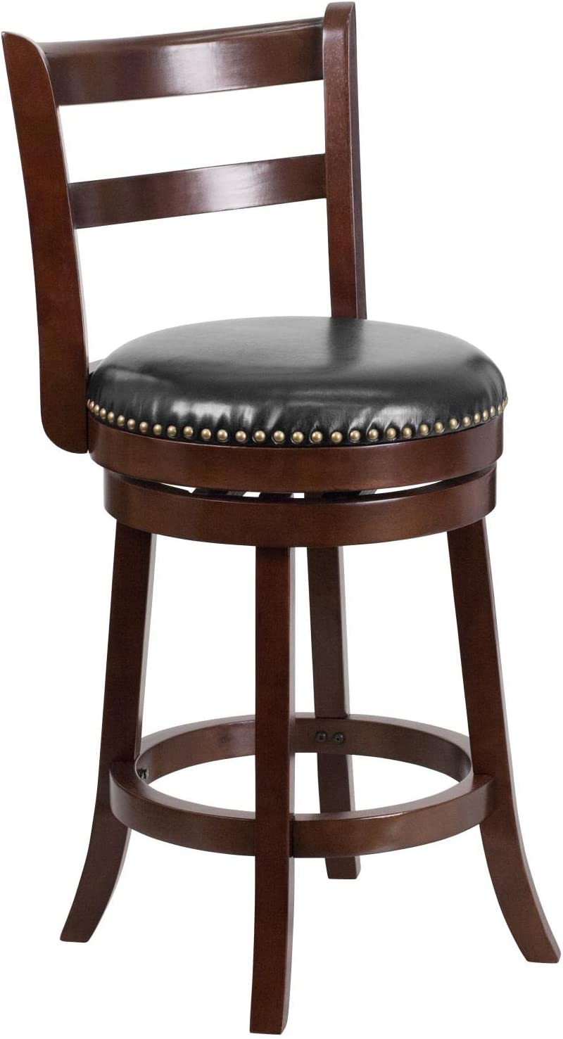 Flash Furniture 26&#39;&#39; High Cappuccino Wood Counter Height Stool with Single Slat Ladder Back and Black LeatherSoft Swivel Seat