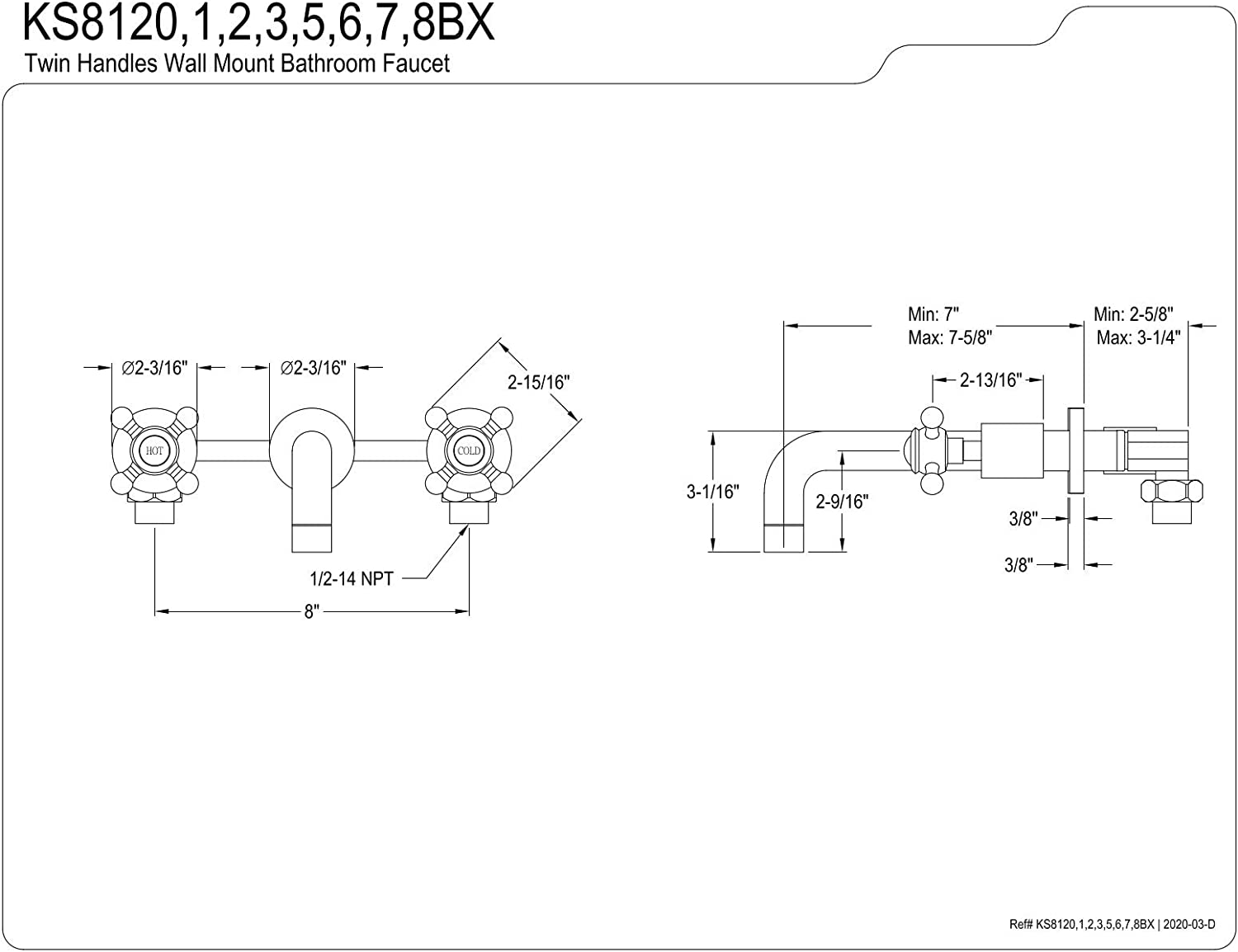 Kingston Brass KS8123BX Metropolitan 2-Handle 8 in. Wall Mount Bathroom Faucet, Antique Brass