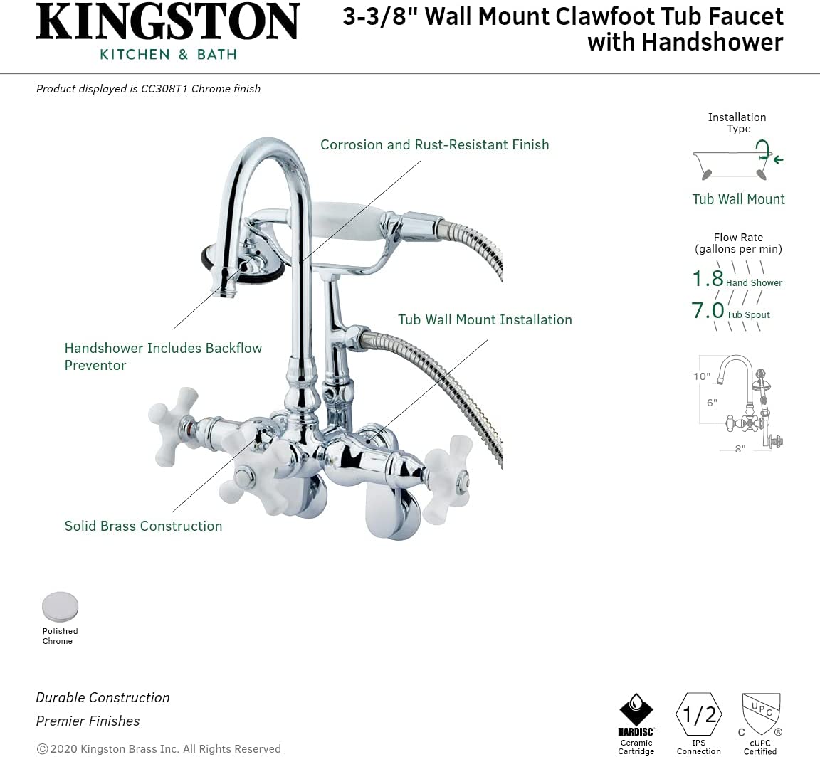 Kingston Brass CC308T1 Vintage Clawfoot Faucet Hi-Rise Spt Wall Mount H&amp;C Porcelain Cross Handle, Polished Chrome