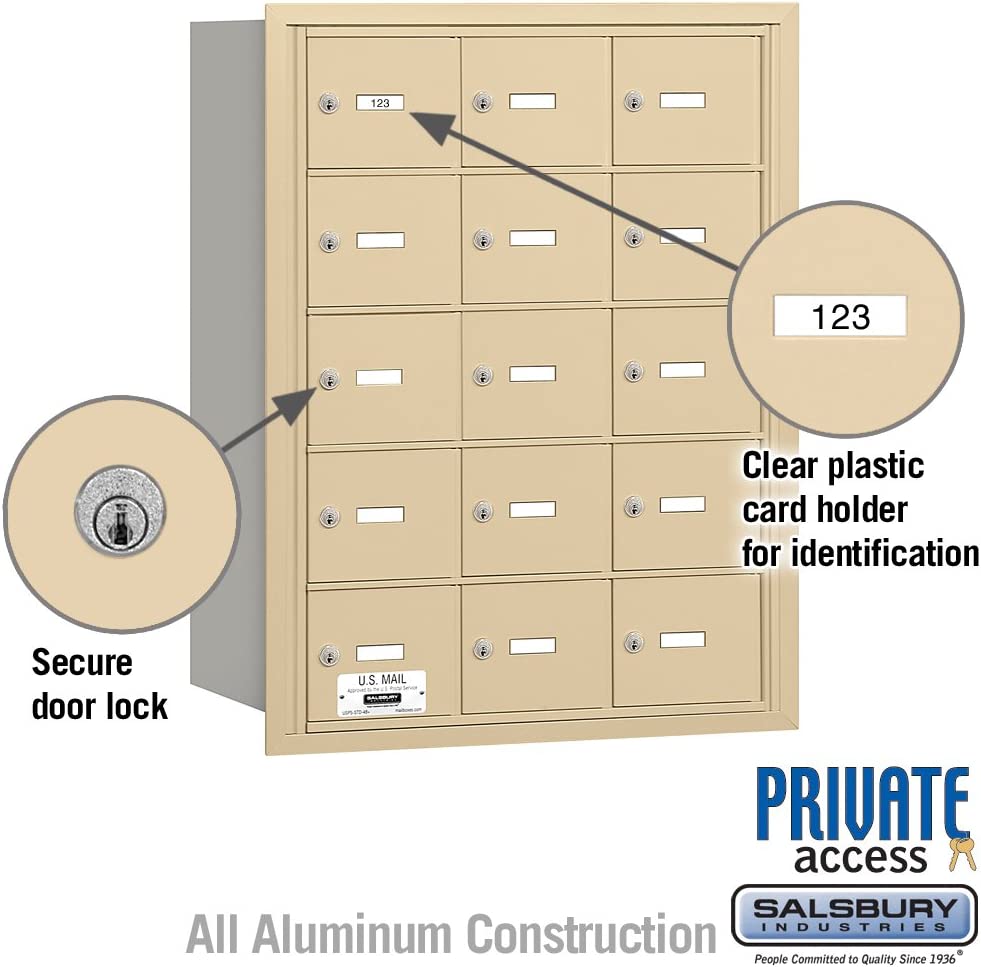 Salsbury Industries 3615SRP 4B Plus Horizontal Mailbox, 15 A Doors, Rear Loading, Private Access, Sandstone