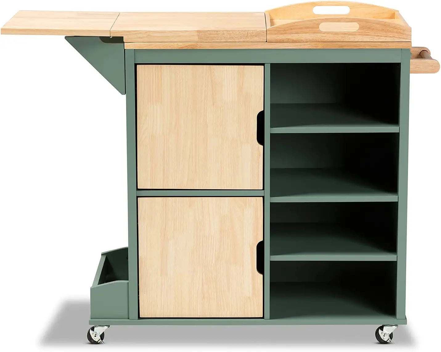 Wholesale Interiors Baxton Studio Dorthy Coastal and Farmhouse Two-Tone Dark Green and Natural Wood Kitchen Storage Cart