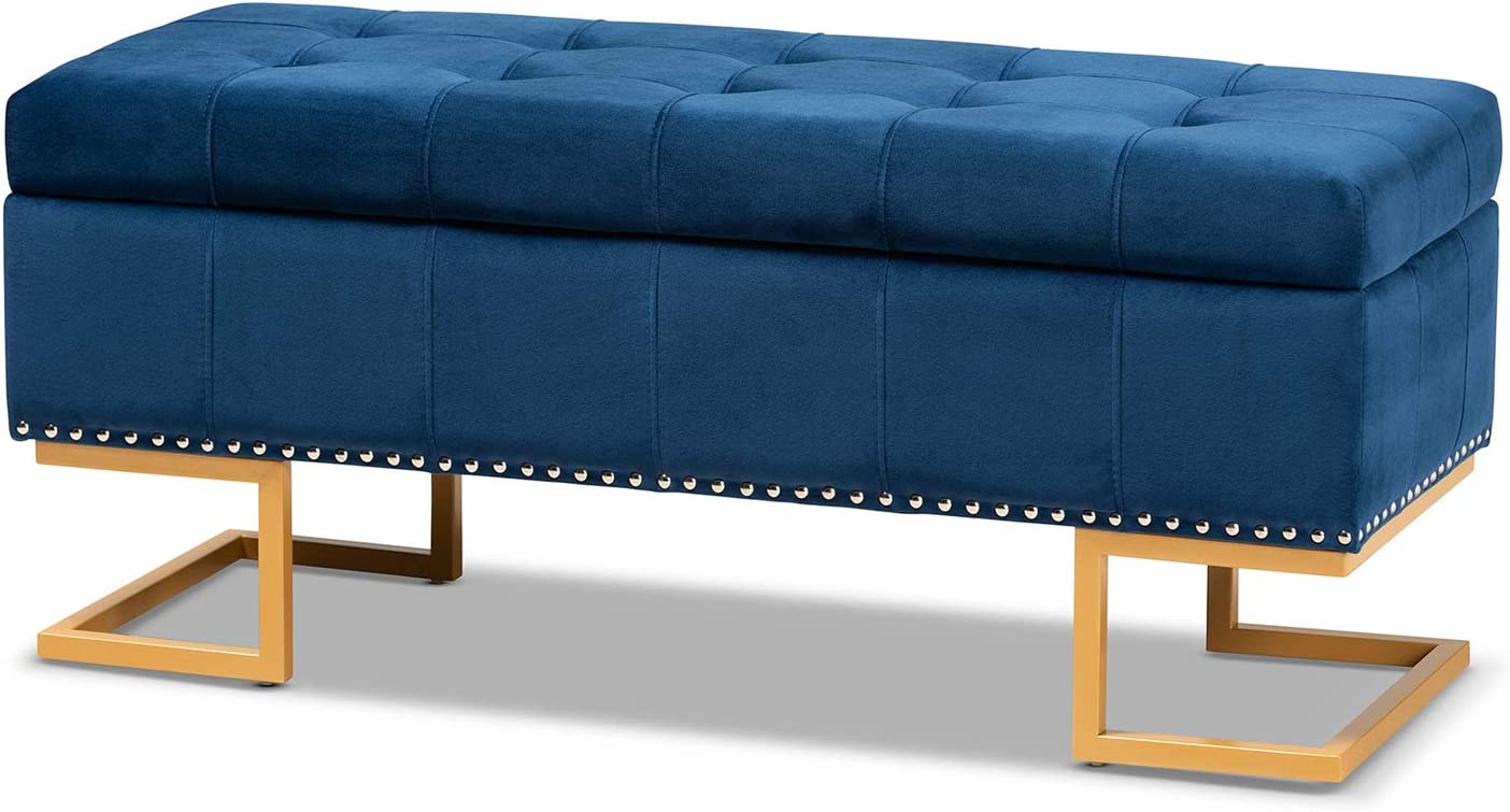 Baxton Studio Ellery Luxe and Glam Navy Blue Velvet Fabric Upholstered and Gold Finished Metal Storage Ottoman