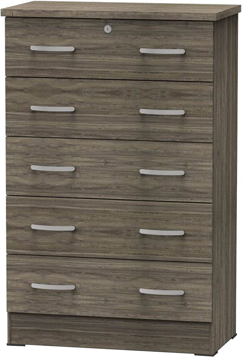 Better Home Products Cindy 5 Drawer Chest Wooden Dresser with Lock in Silver