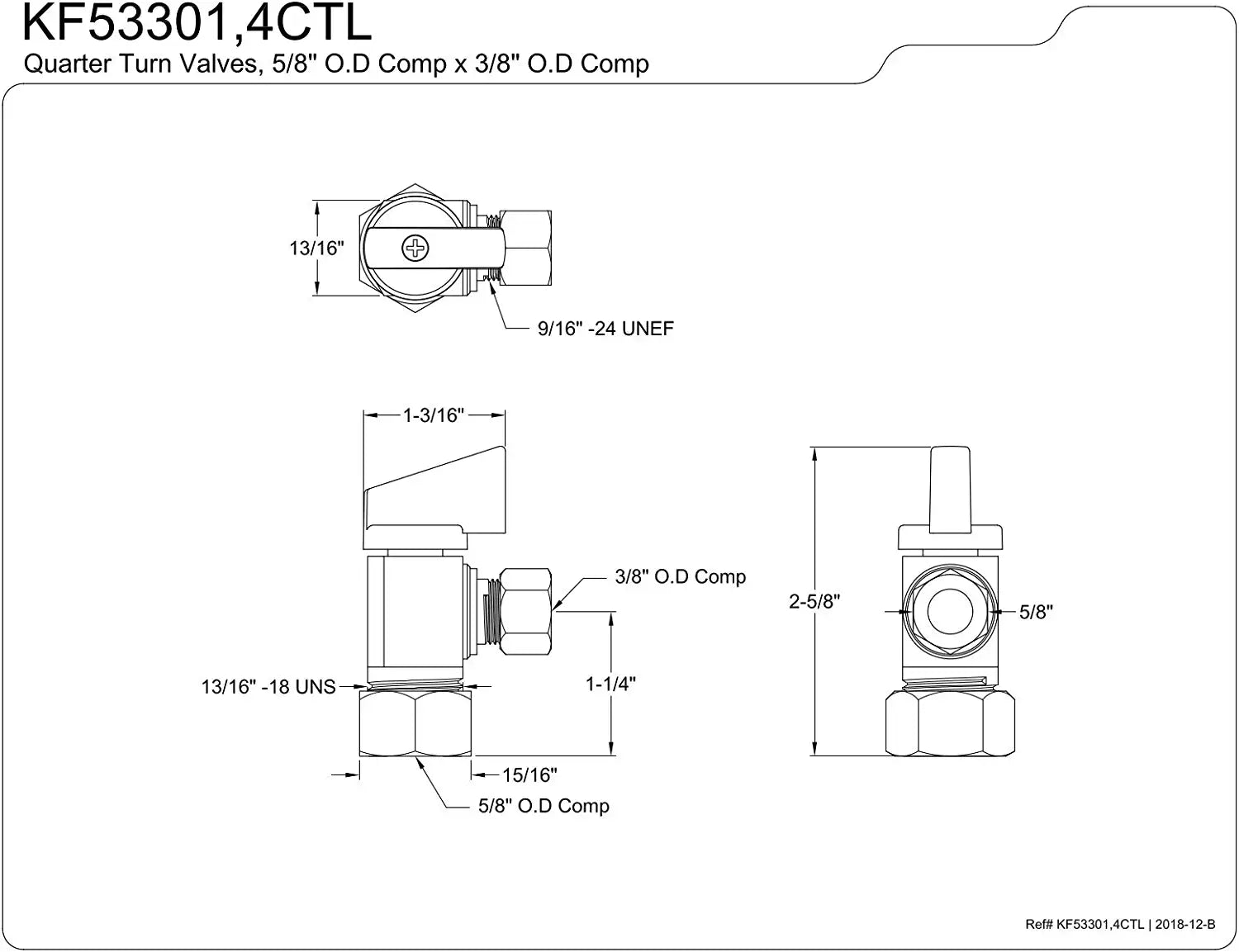 Kingston Brass KF53304CTL Columbia 5 x 3/8 Inch O.D Compression Quarter-Turn Angle Stop Valve, Raw Brass