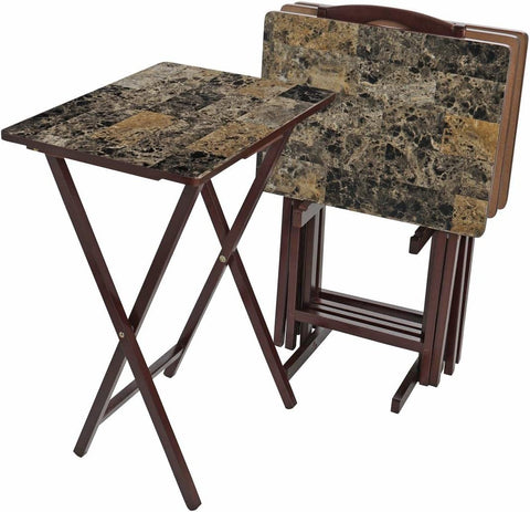 19 in. L X 14.5 in. W Brown with Faux Marble Wood Folding Table (Set of 4 Tables and 1 Stand)