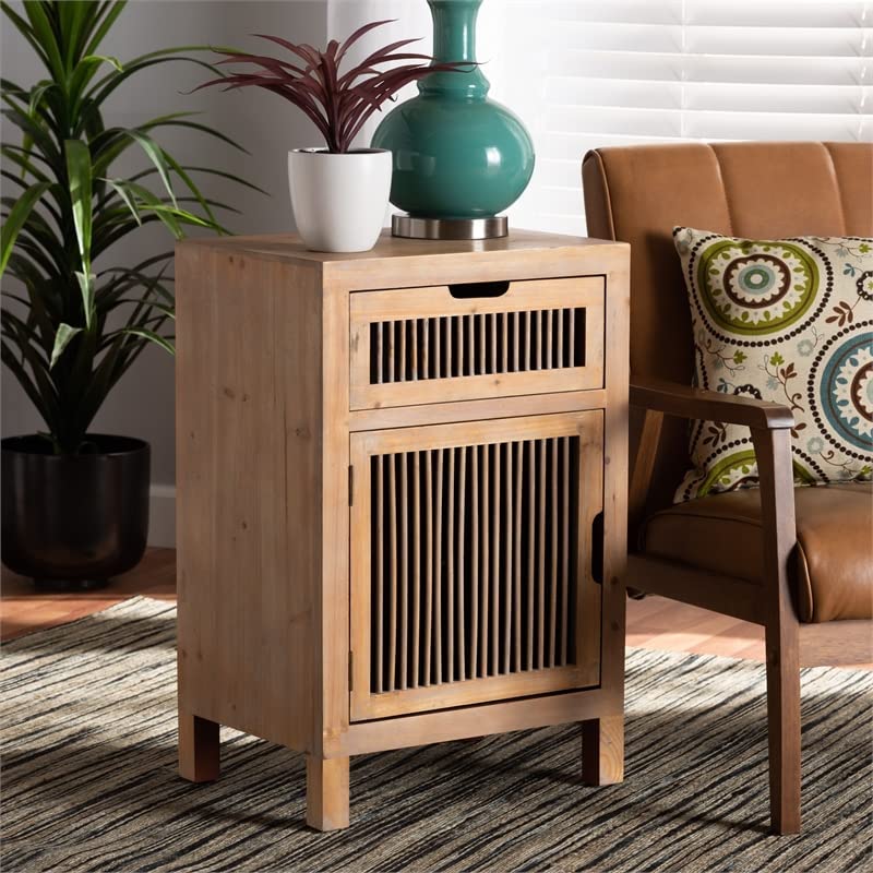 Baxton Studio Clement Rustic Transitional Medium Oak Finished 1-Door and 1-Drawer Wood Spindle Nightstand