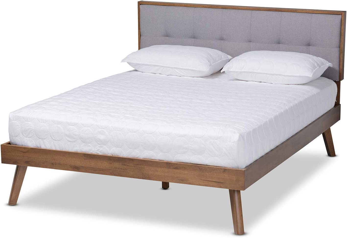 Baxton Studio Alke Mid-Century Modern Light Grey Fabric Upholstered Walnut Brown Finished Wood King Size Platform Bed