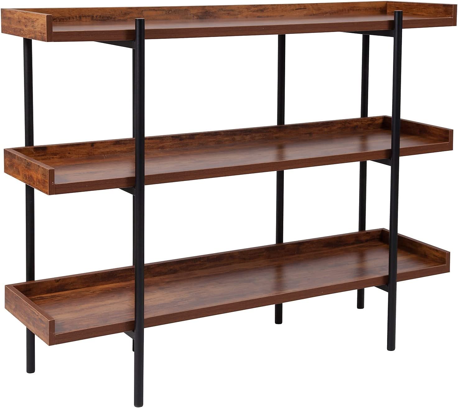 Flash Furniture Mayfair 3 Shelf 35&#34;H Storage Display Unit Bookcase with Black Metal Frame in Rustic Wood Grain Finish