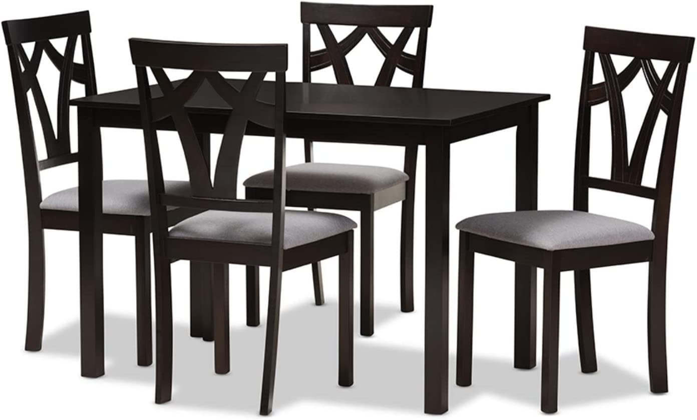 Baxton Studio Sylvia Modern and Contemporary Grey Fabric Upholstered and Dark Brown Finished 5-Piece Dining Set Grey//Medium Wood/Contemporary/Table/Fabric Polyester 100%&#34;/Solid Rubber Wood/Foam