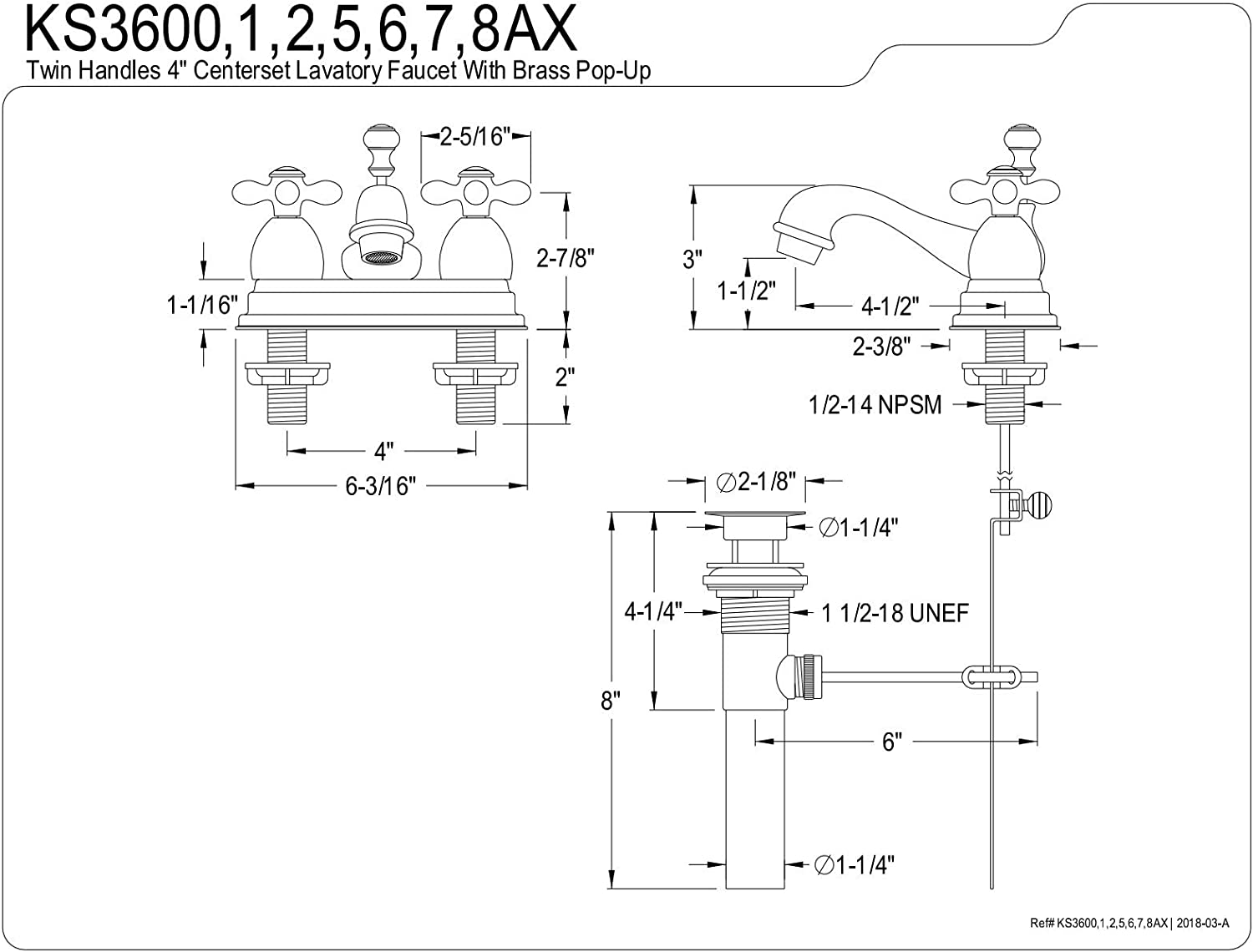 Kingston Brass KS3607AX 4 in. Centerset Bathroom Faucet, Brushed Brass