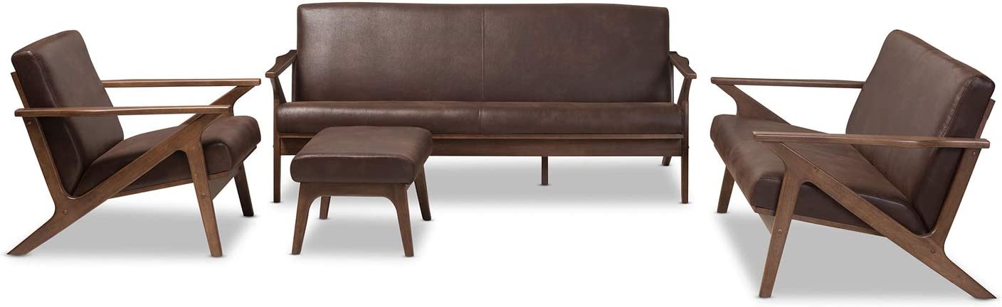 Baxton Studio Bianca Mid-Century Modern Walnut Wood Dark Brown Distressed Faux Leather Livingroom Sofa Set/Mid-Century/Dark Brown/Walnut Brown/Faux Leather/Rubber Wood