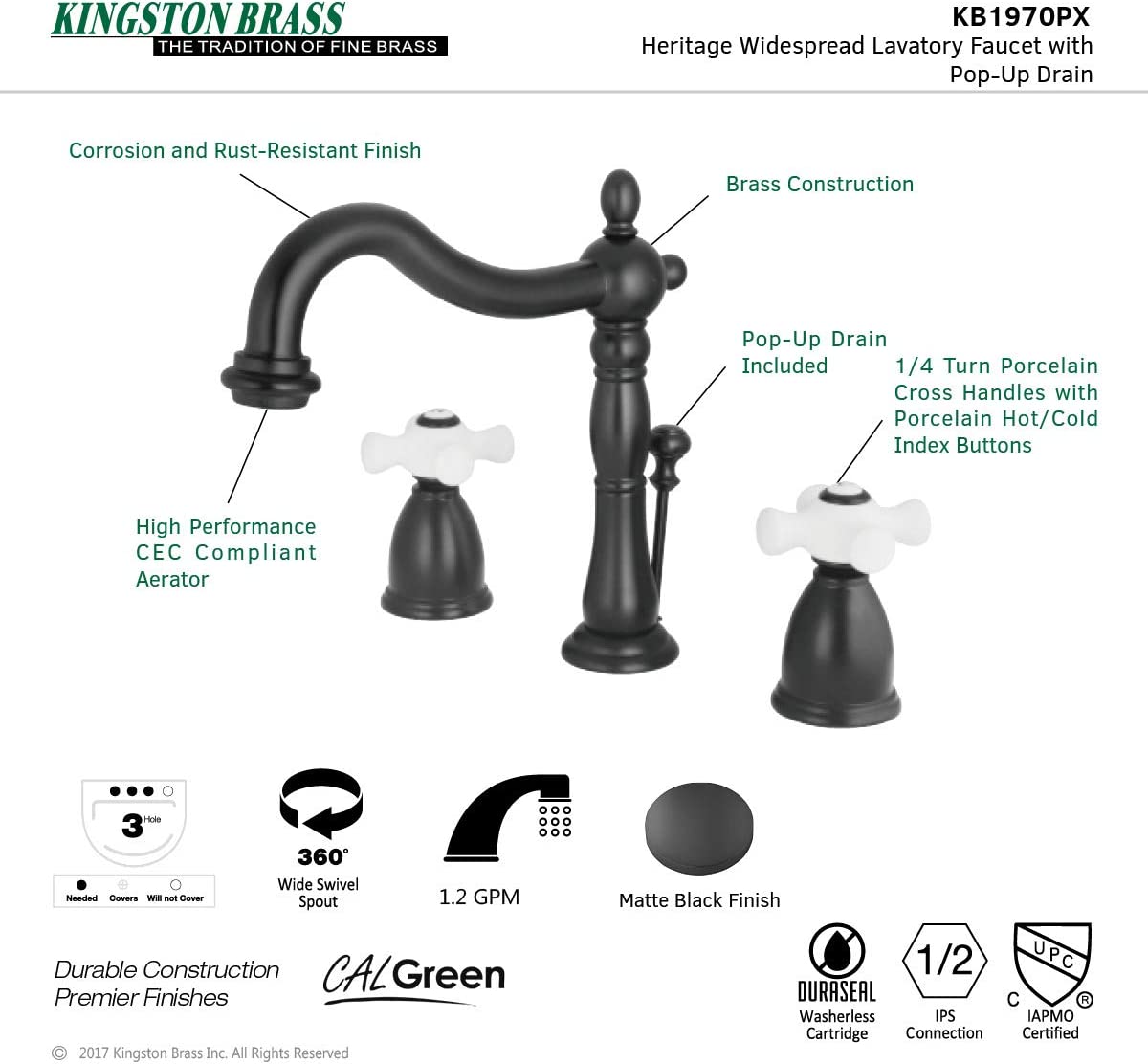 Kingston Brass KB1970PX Heritage 8&#34; Widespread Lavatory Faucet with Brass Pop-Up, 6-1/2&#34; in Spout Reach, Matte Black