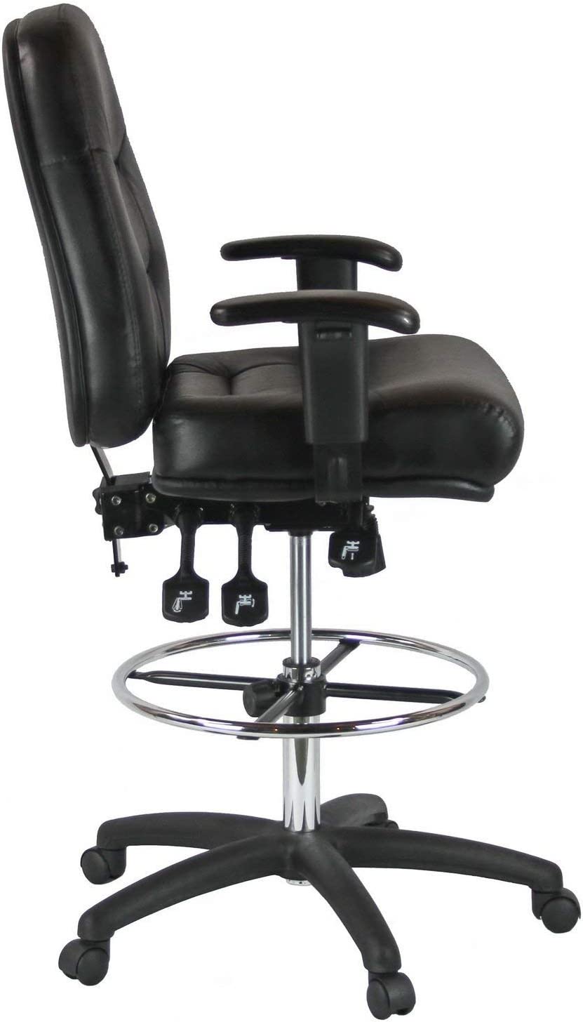 Premium Leather Drafting Chair with Arms - Black Leather