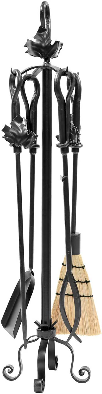 Minuteman International Maple Leaf 5-piece Wrought Iron Fireplace Tool Set, Graphite