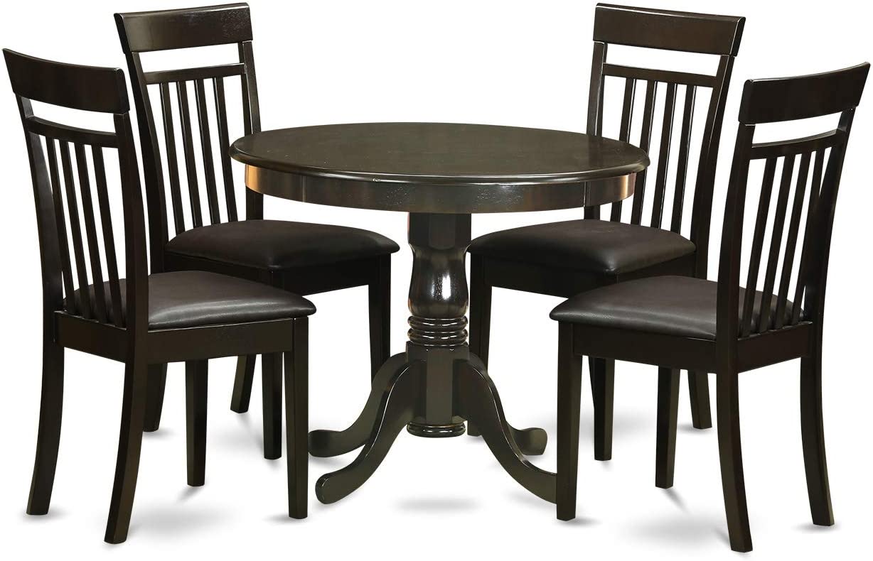 East West Furniture Wooden Dining Table Set- 4 Great Dining Room Chairs - A Lovely Round Dining Table- Faux Leather Seat and Cappuccino Finish Round Wooden Table