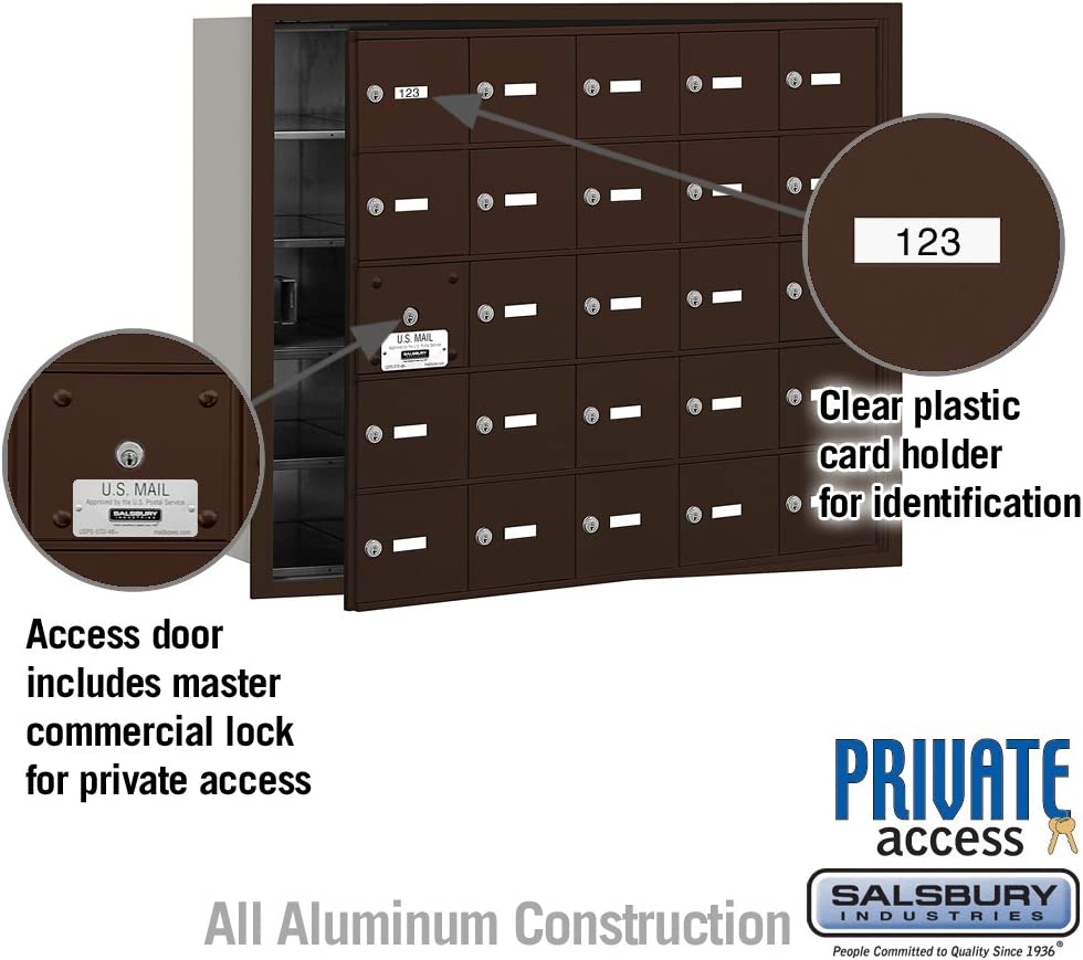 Salsbury Industries 3625ZFP 4B Plus Horizontal Mailbox with Master Commercial Lock, 25 A Doors 24 Usable, Front Loading, Private Access, Bronze