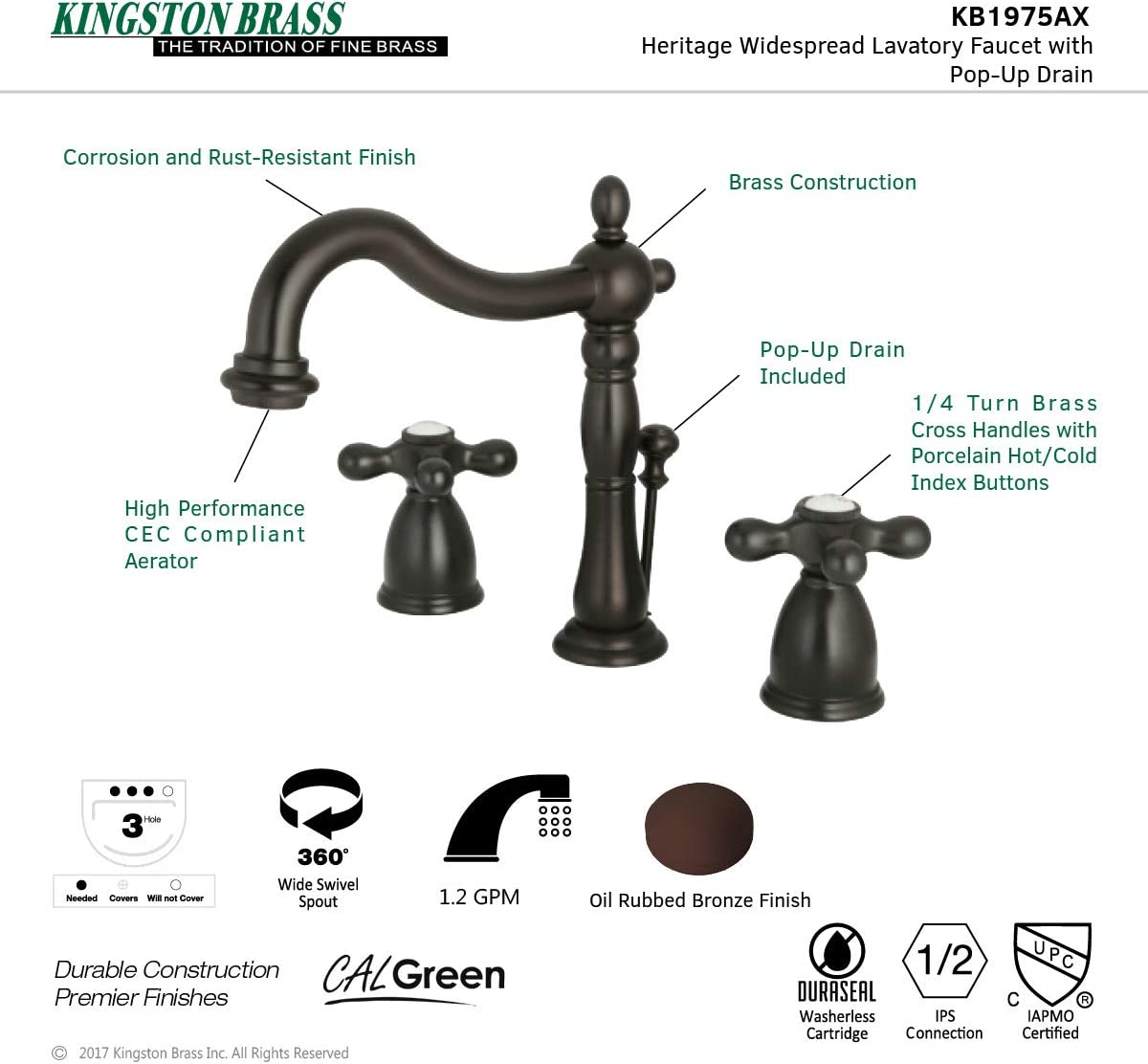 Kingston Brass KB1975AX Heritage Widespread Lavatory Faucet with Metal Cross Handle, Oil Rubbed Bronze,8-Inch Adjustable Center , Oil-Rubbed Bronze