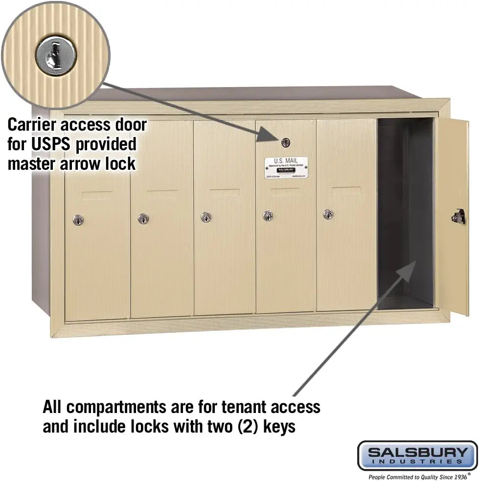 Salsbury Industries 3506SRU Recessed Mounted Vertical Mailbox for use with USPS Lock, 6 Doors, Sandstone