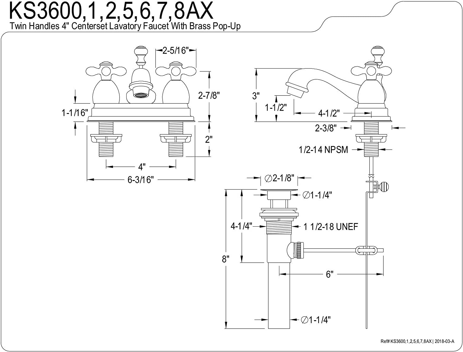 Kingston Brass KS3607AX 4 in. Centerset Bathroom Faucet, Brushed Brass