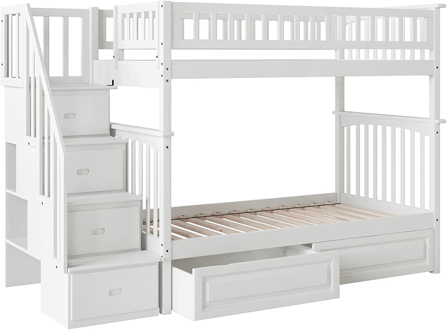 AFI Columbia Staircase Bunk with Turbo Charger and Raised Panel Bed Drawers, Twin over Twin, White