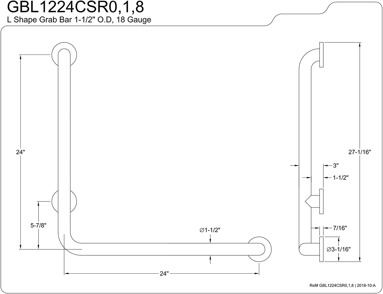 Kingston Brass GBL1224CSR8 24&#34;x 24&#34; L-Shaped Grab Bar - Right Hand, Brushed Nickel