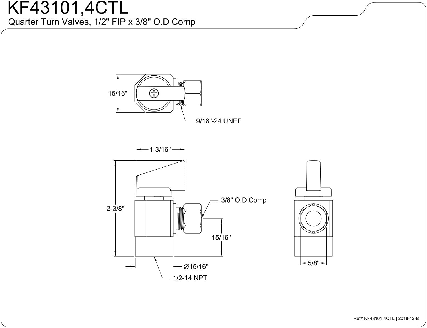 Kingston Brass KF43104CTL Columbia 1/2 Inch IPS x 3/8 Inch O.D Compression Quarter-Turn Angle Stop Valve, Raw Brass