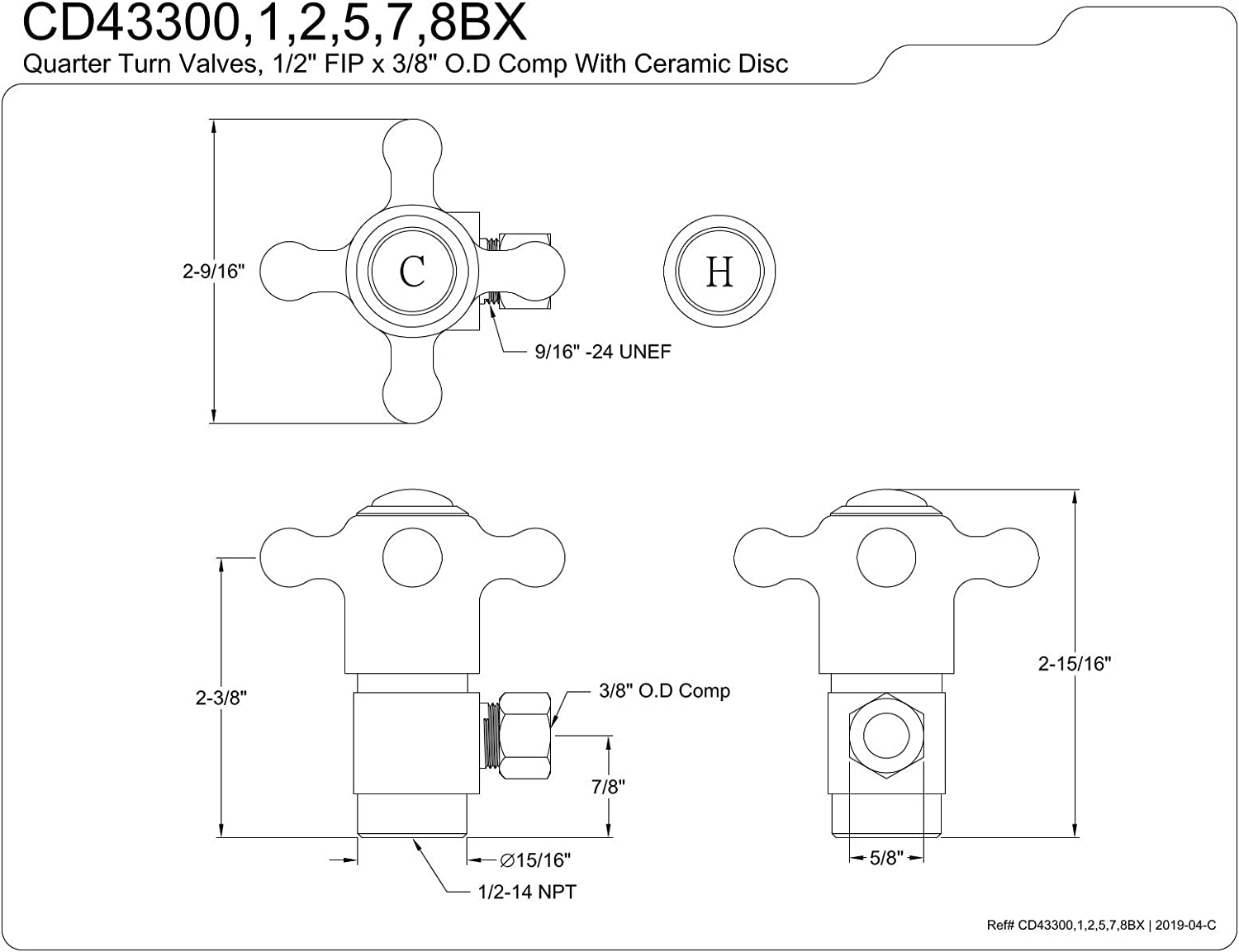 Kingston Brass CD43307BX 1/2&#34;IPS x 3/8&#34;O.D. Anti-Seize Quarter Turn Angle Stop, Brushed Brass