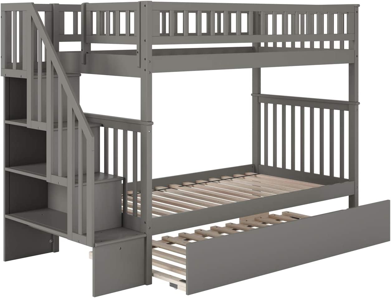 Atlantic Furniture Woodland Staircase Bunk Bed Twin Over Twin with Twin Size Urban Trundle Bed in Grey