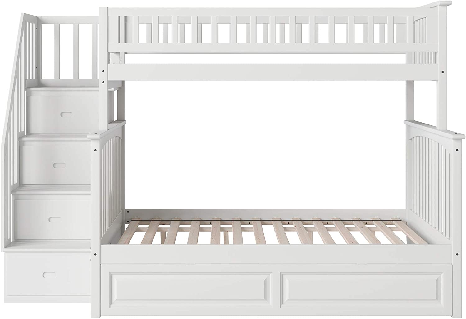 AFI Columbia Staircase Bunk with Turbo Charger and Twin Size Raised Panel Trundle, Full, White