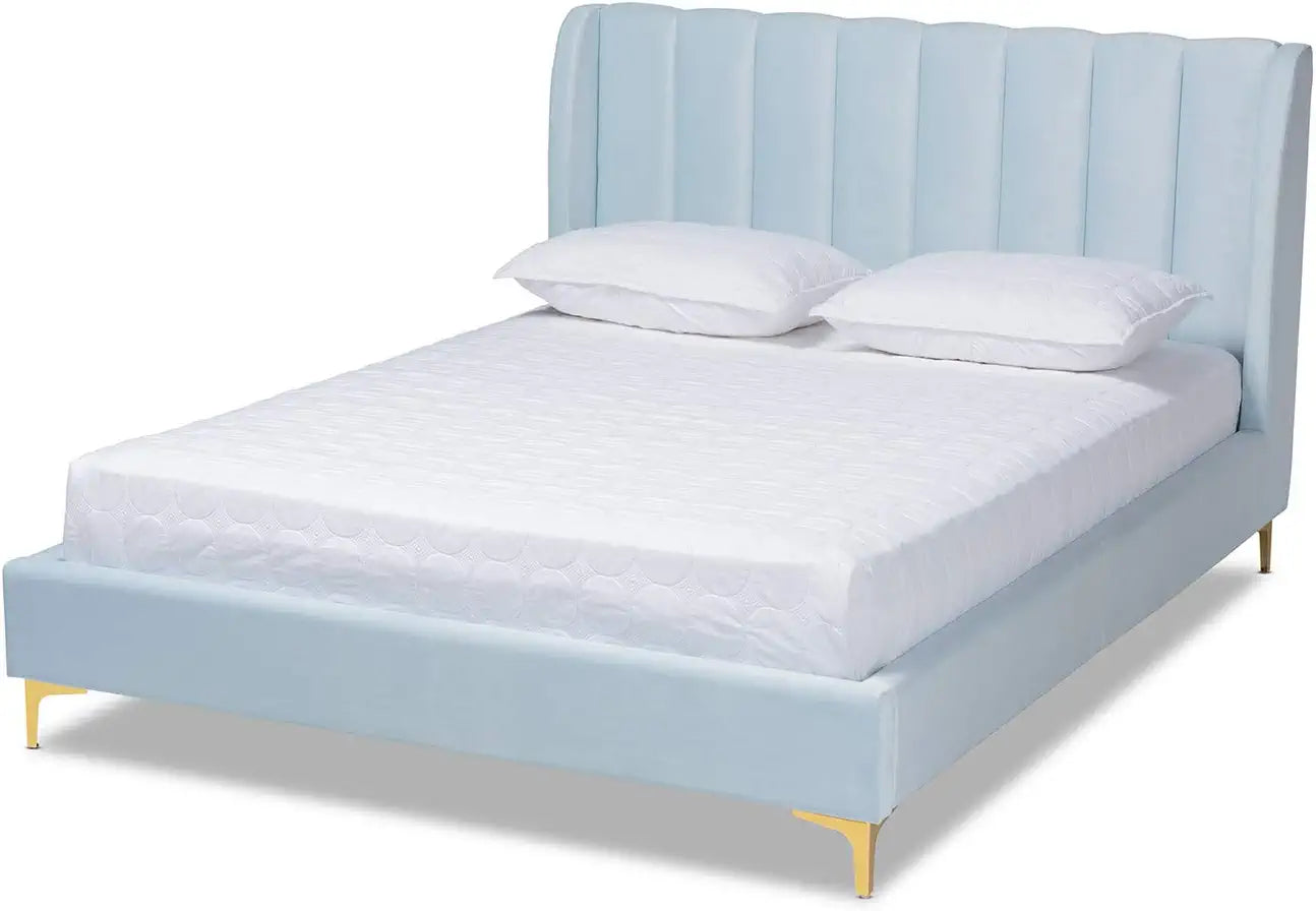 Baxton Studio Saverio Glam and Luxe Light Blue Velvet Fabric Upholstered Queen Size Platform Bed with Gold-Tone Legs