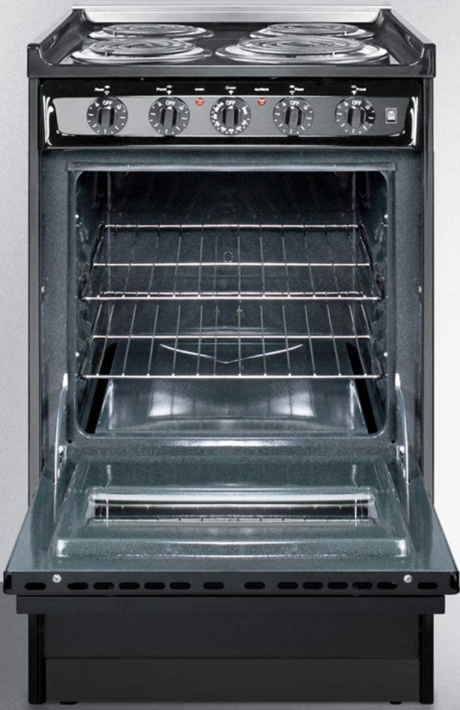 Summit Appliance TEM110CRW 20&#34; Wide Slide-In Electric Range in Black with Oven Window, Light and Lower Storage Compartment, Chrome Drip Pans, Waist-High Broiler, Porcelain Construction