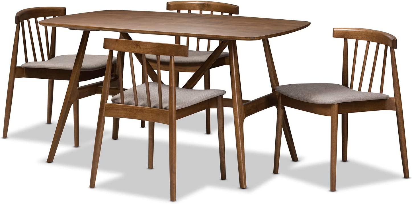 Baxton Studio Wyatt Mid-Century Modern Walnut Wood 5-Piece Dining Set Beige//Medium Wood/Mid-Century/Table/Fabric Polyester 100%&#34;/Solid Rubber Wood/Foam